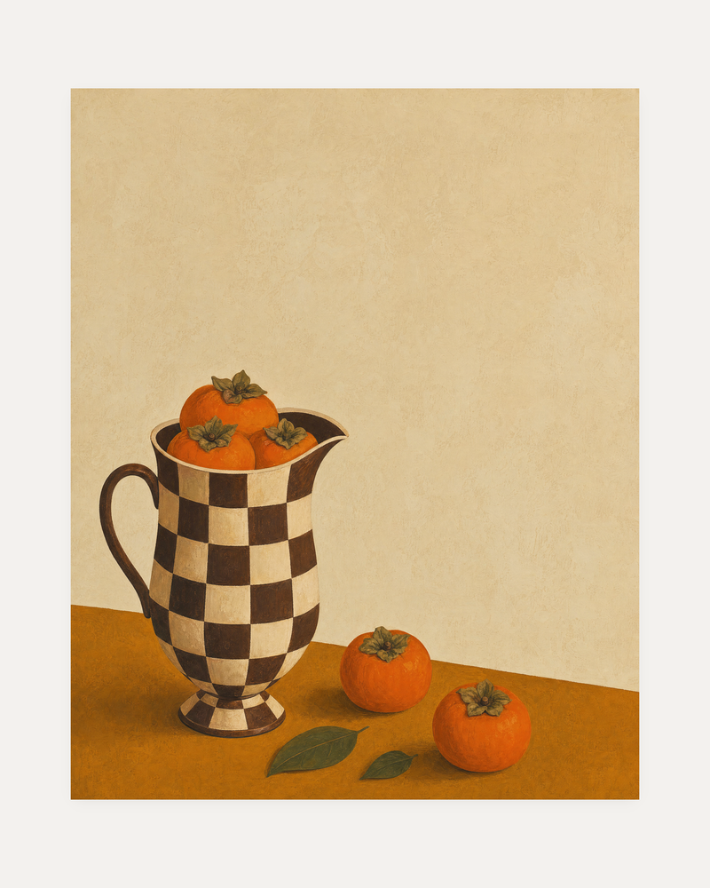 After Market persimmon print, checked pitcher, orange persimmons, sage leaves on cream ground