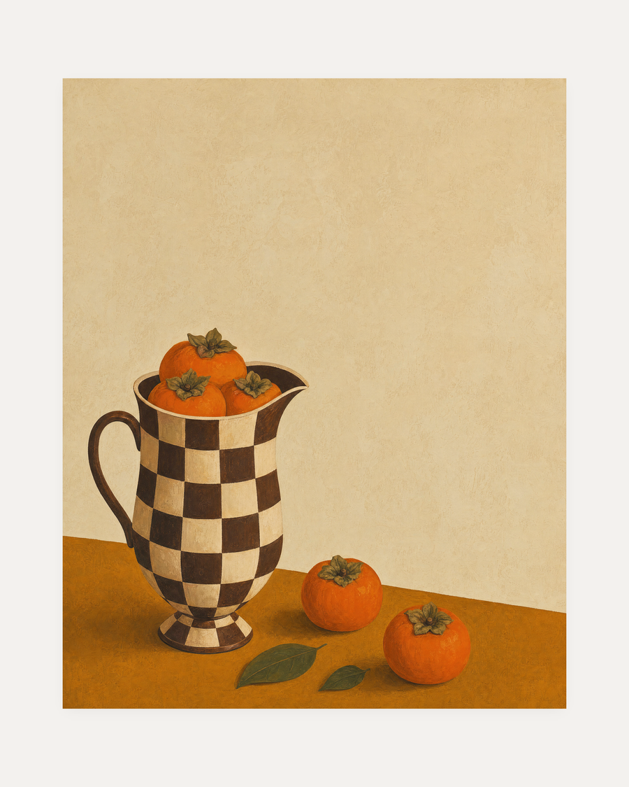 Checkered Persimmon Pitcher unframed persimmon print showing checkered pitcher, persimmons, ochre table