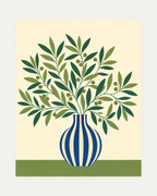 Olive Branch One Striped Vase, blue vase wall art, striped blue cream vase, green leaves, small olives