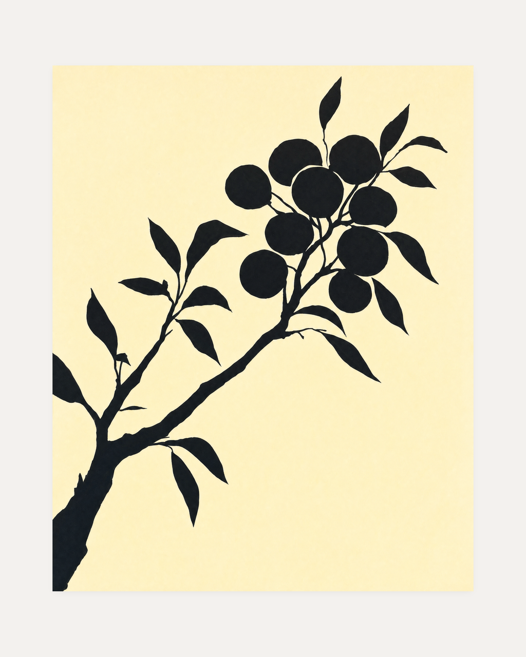 Ink Branch Fruit unframed black plant silhouette print showing branch, leaves, and fruit in black and beige