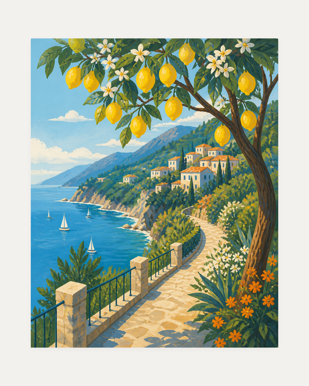 Lemon Path unframed lemon tree wall art print showing lemons over a coastal path
