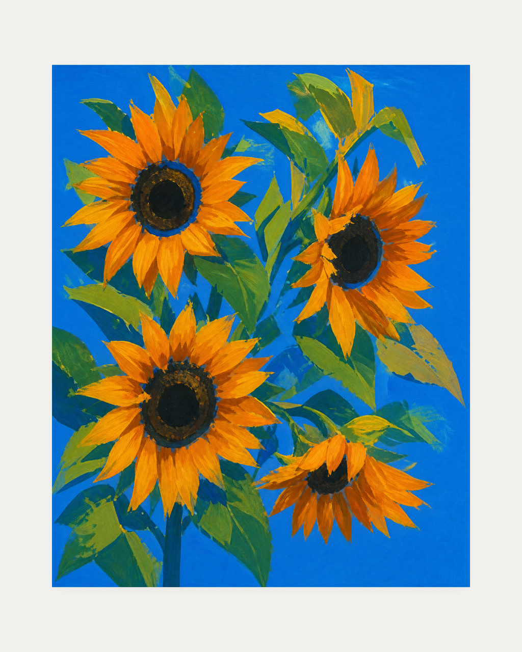 Sunflower Hour unframed sunflower art print showing three orange sunflowers with dark centers on blue