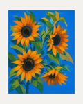 Sunflower Hour unframed sunflower art print showing three orange sunflowers with dark centers on blue