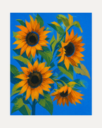 Sunflower Hour unframed sunflower art print showing three orange sunflowers with dark centers on blue