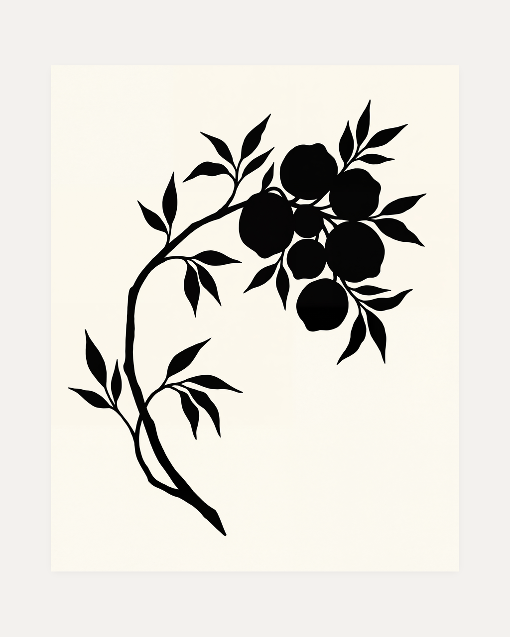 Ink Branch Fruit unframed black botanical silhouette wall art print showing branch, leaves, and fruit in black, white, and cream