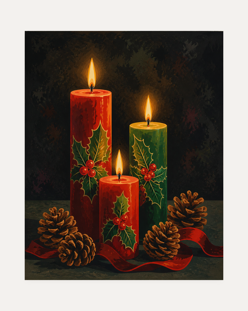 Advent Candles unframed holly candle print showing three holly candles and pinecones
