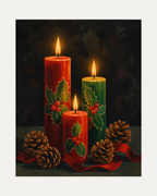 Advent Candles unframed holly candle print showing three holly candles and pinecones