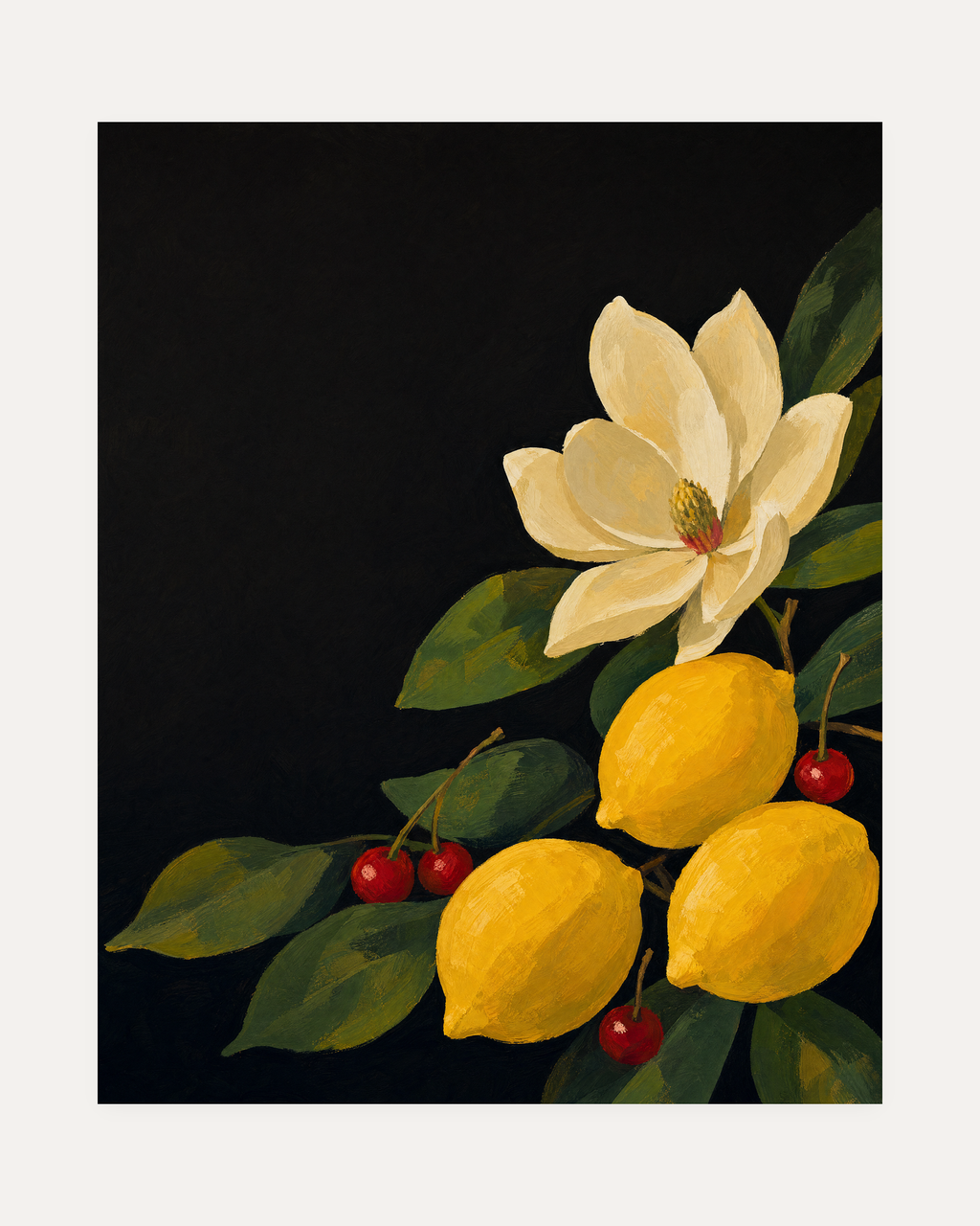 Lemon Magnolia Dark unframed lemon magnolia print showing lemons, cream magnolia, charcoal field