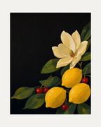 Lemon Magnolia Dark unframed lemon magnolia print showing lemons, cream magnolia, charcoal field