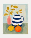 Morning Pitcher, striped pitcher wall art, navy-banded jug, pink bottle, citrus fruit on sage green.