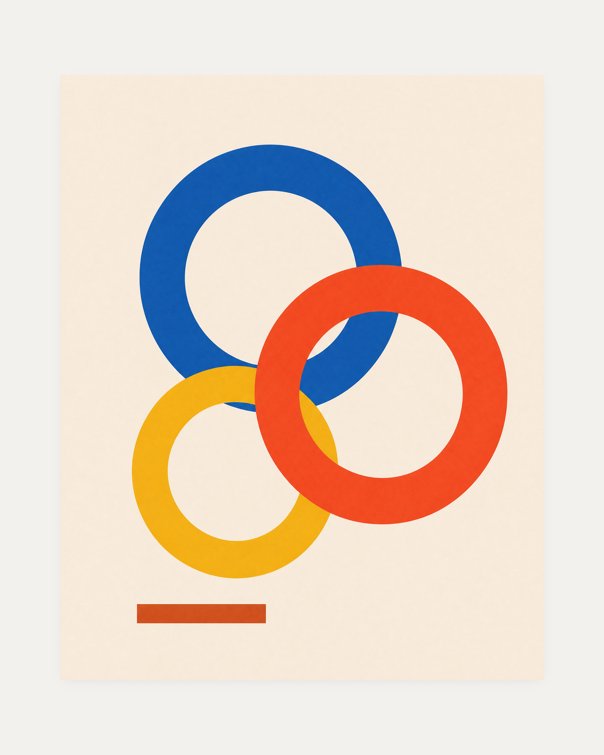 Three Offset Rings One Bar unframed bauhaus art print showing three offset primary rings and one terracotta bar on cream