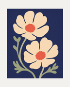 Second Anemone, cream anemone wall art, two cream flowers on navy blue with coral centers and green stems