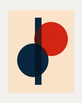 Two Circles One Rectangle Stack unframed red and blue abstract art print showing red and navy circles overlapping a tall navy bar