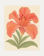 One Coral Bloom One Cream Field, lily wall art, coral lily with yellow petal streaks, green leaves, cream field