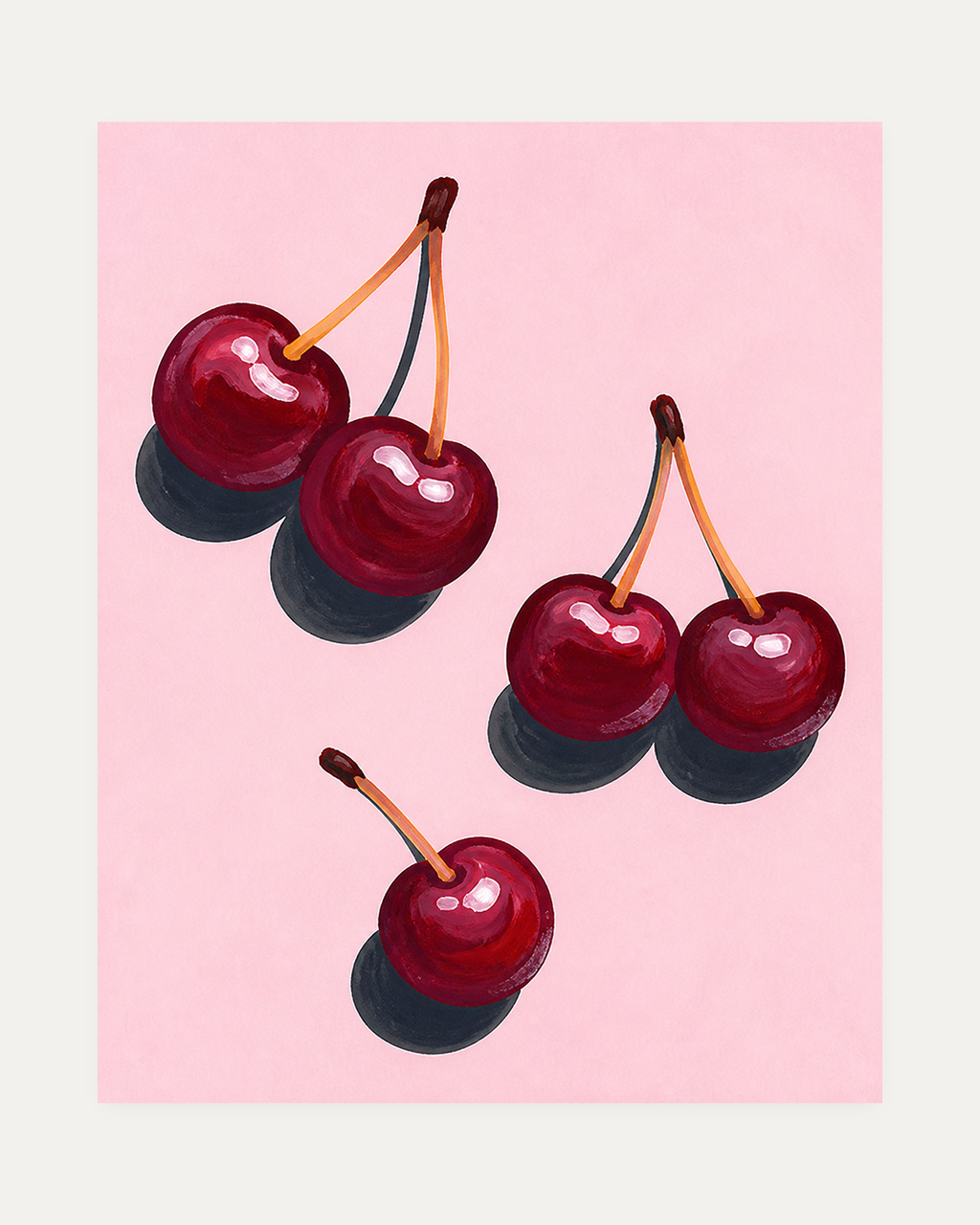 Cherry Scatter unframed cherry art print showing dark red cherries with stems on pale pink