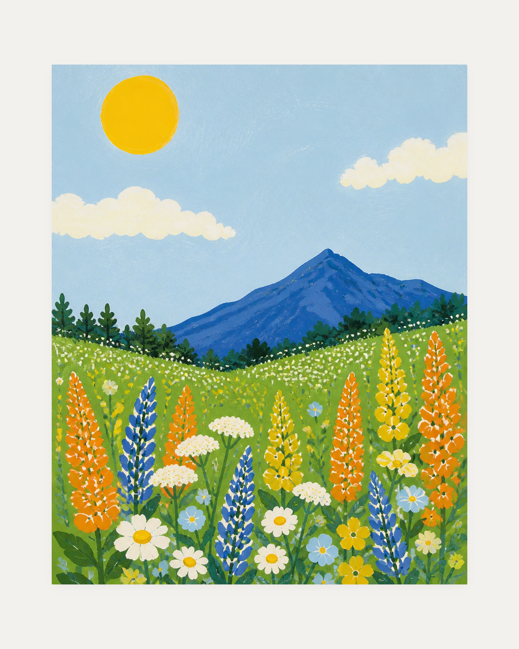 Meadow Morning unframed wildflower wall art print showing orange, blue, and white wildflowers in front of a blue mountain