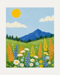 Meadow Morning unframed wildflower wall art print showing orange, blue, and white wildflowers in front of a blue mountain