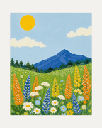 Meadow Morning unframed wildflower wall art print showing orange, blue, and white wildflowers in front of a blue mountain