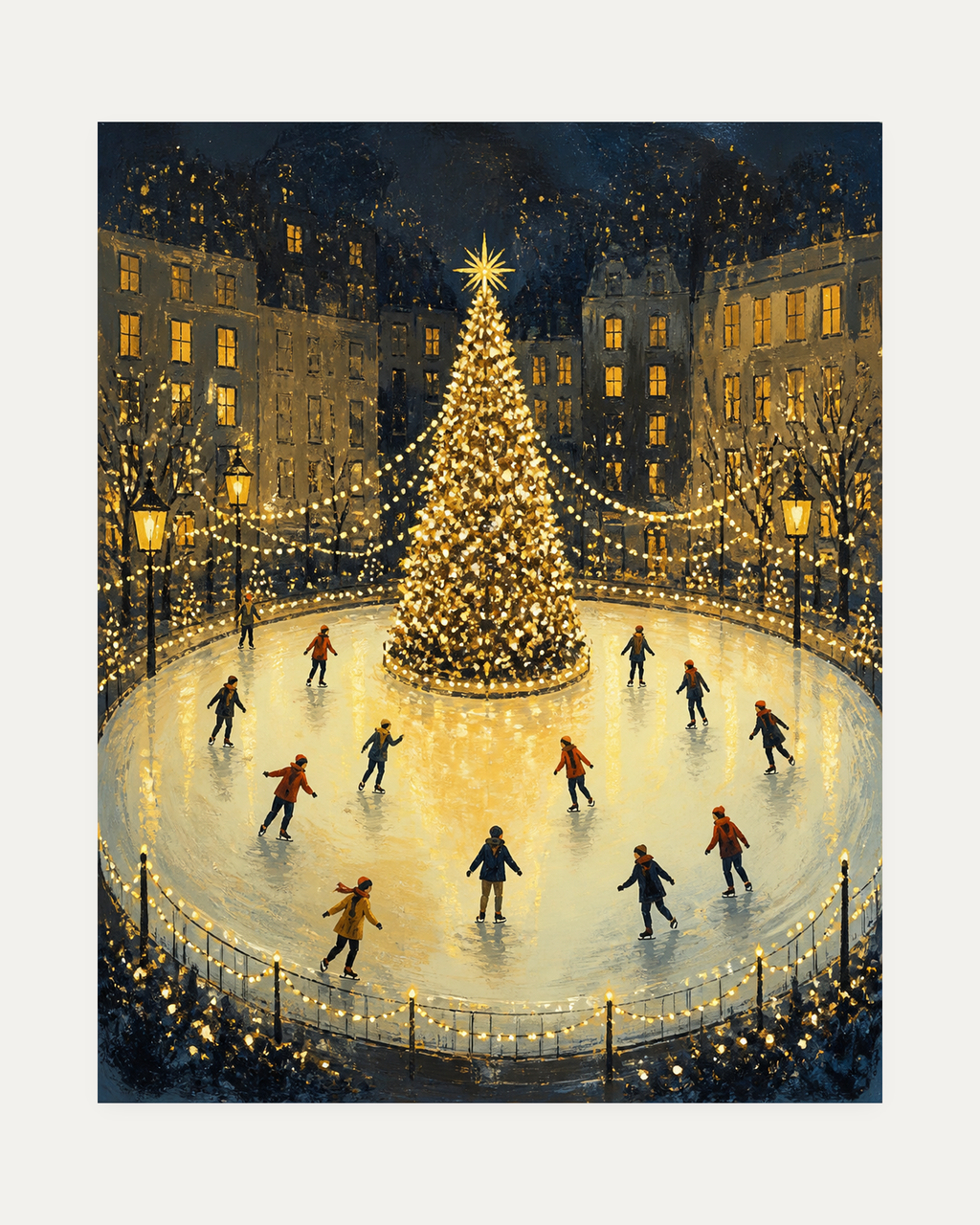 Night Skaters unframed christmas prints print showing skaters around a lit tree