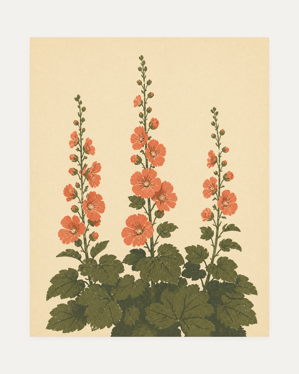 Hollyhock Towers, hollyhock wall art with three coral-orange flower stalks, green leaves, cream background