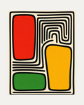 Block Shift contour block wall art, red yellow and green rectangles with black contour lines on cream ground