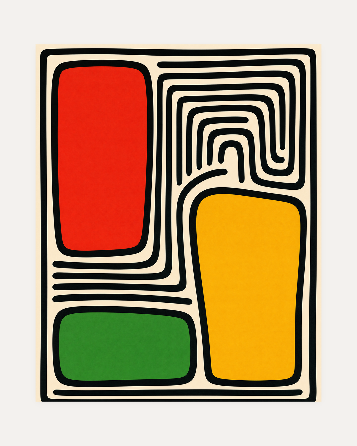 Block Shift contour block wall art, red yellow and green rectangles with black contour lines on cream ground