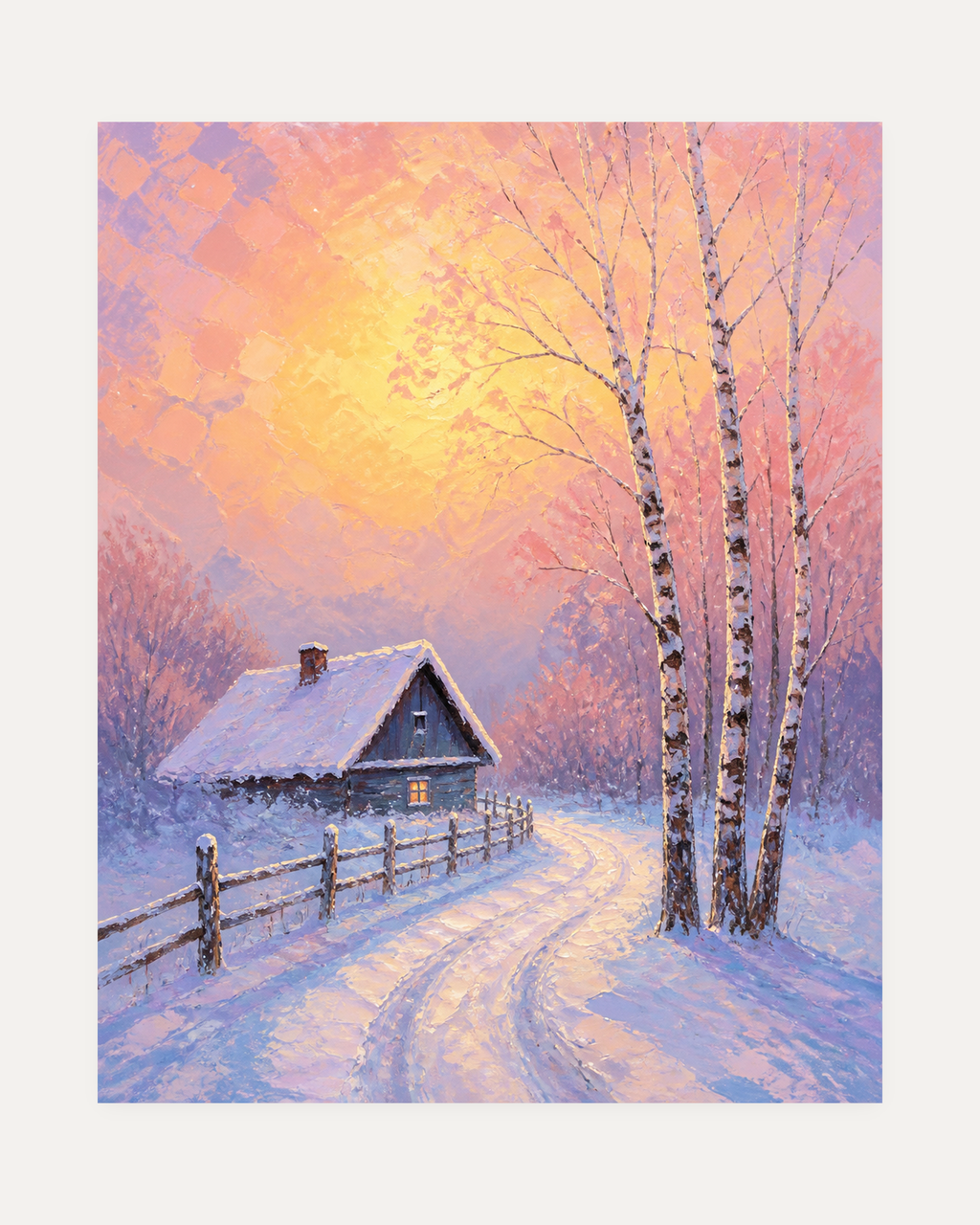 Cottage Sundown unframed sunset cottage print showing a snowy cottage under a pink sky