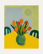 Breakfast Tulips unframed tulip wall art print showing orange tulips on a yellow table