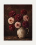 Dahlia Hour unframed burgundy dahlia print showing burgundy dahlias in a speckled jug