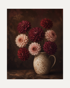 Dahlia Hour unframed burgundy dahlia print showing burgundy dahlias in a speckled jug