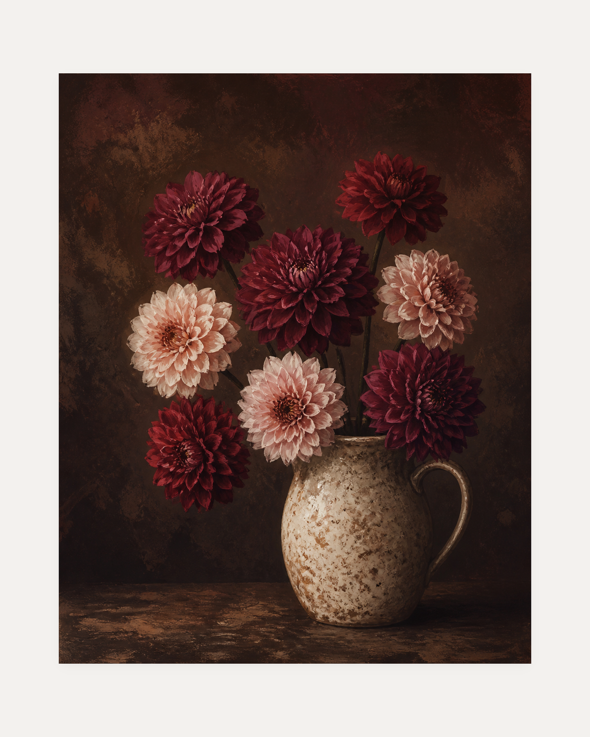 Dahlia Hour unframed burgundy dahlia print showing burgundy dahlias in a speckled jug