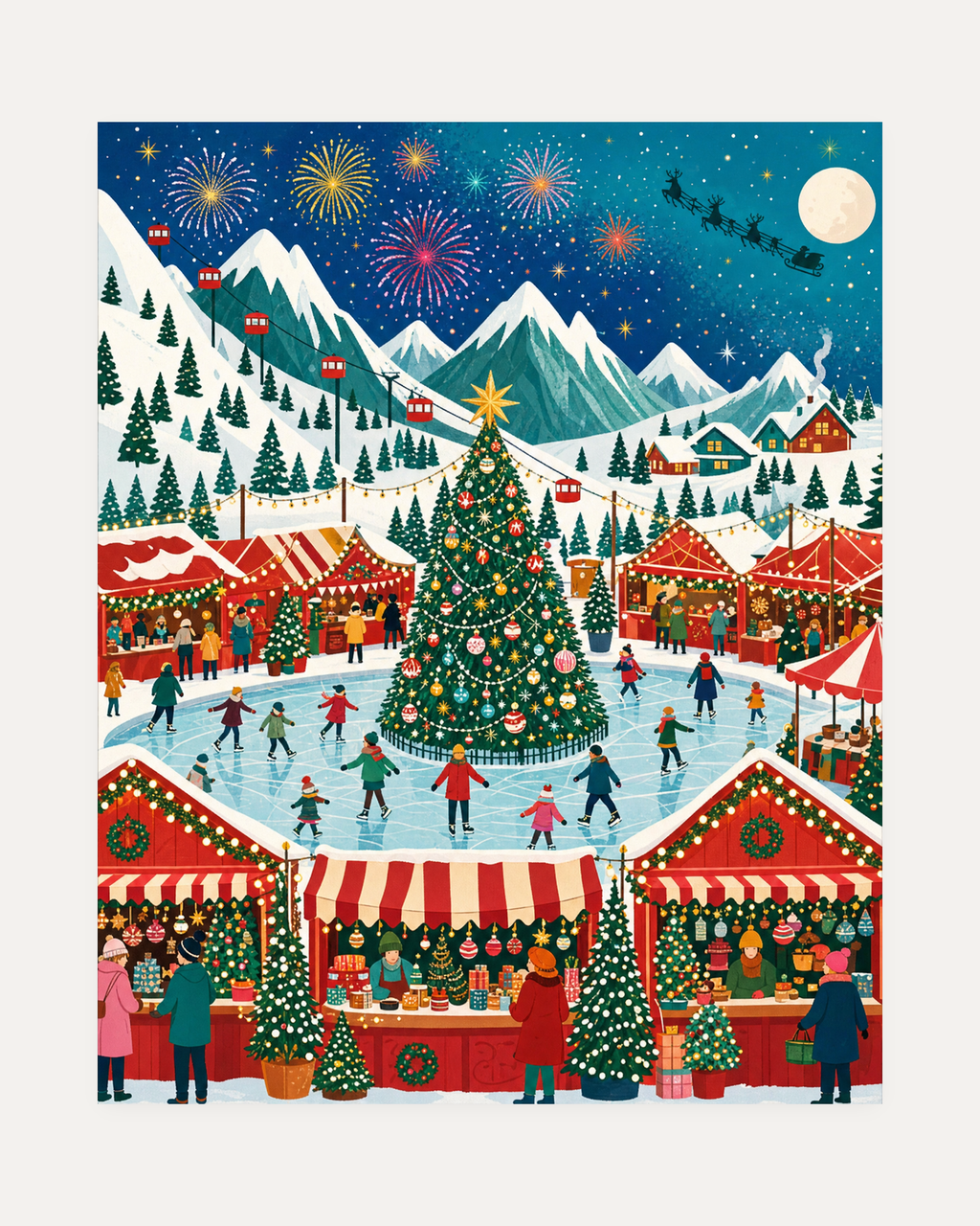Fair Night unframed alpine fair print showing an ice rink and tree under mountains