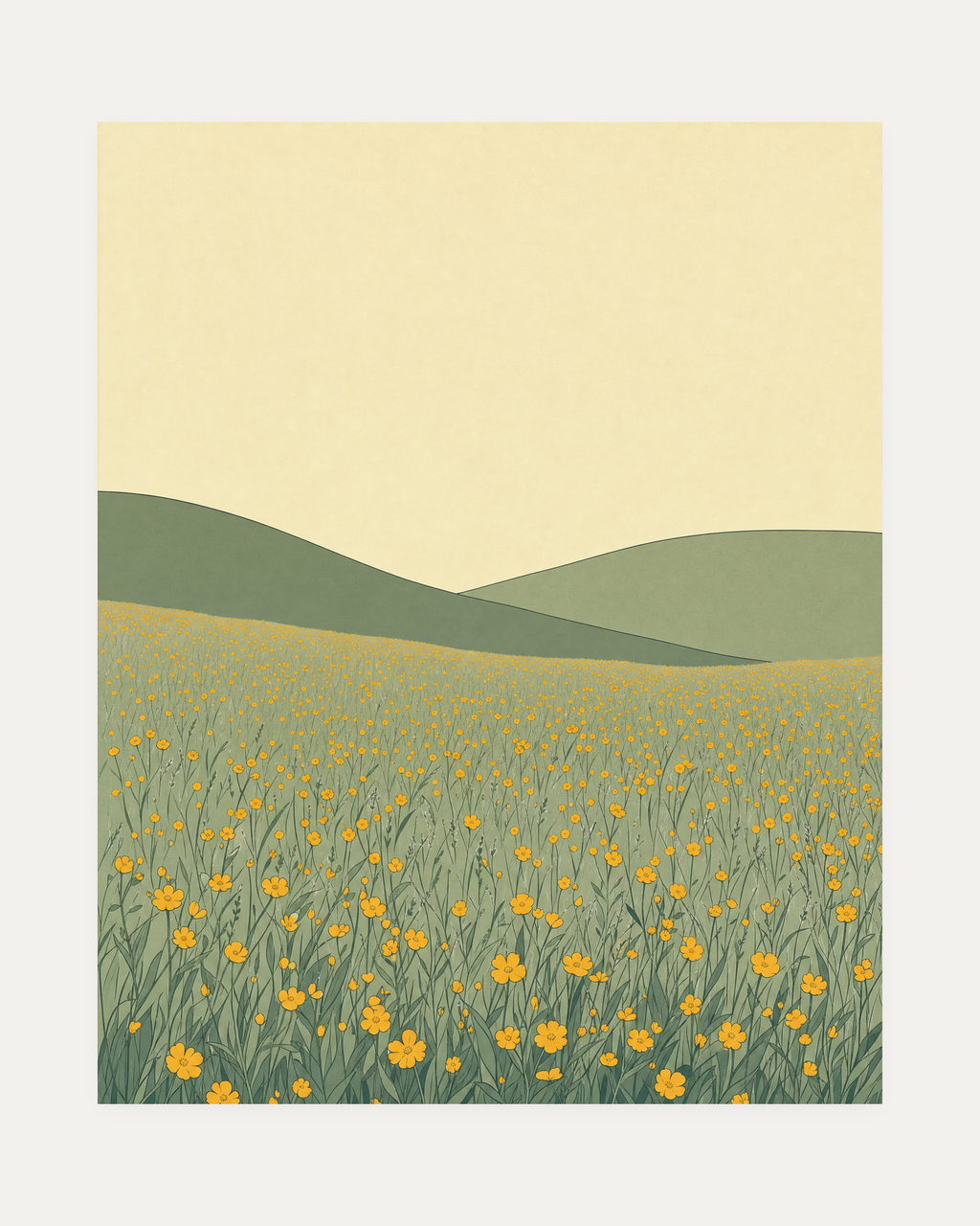 Wildflower Hour unframed wall art wildflowers print showing yellow flowers under green hills