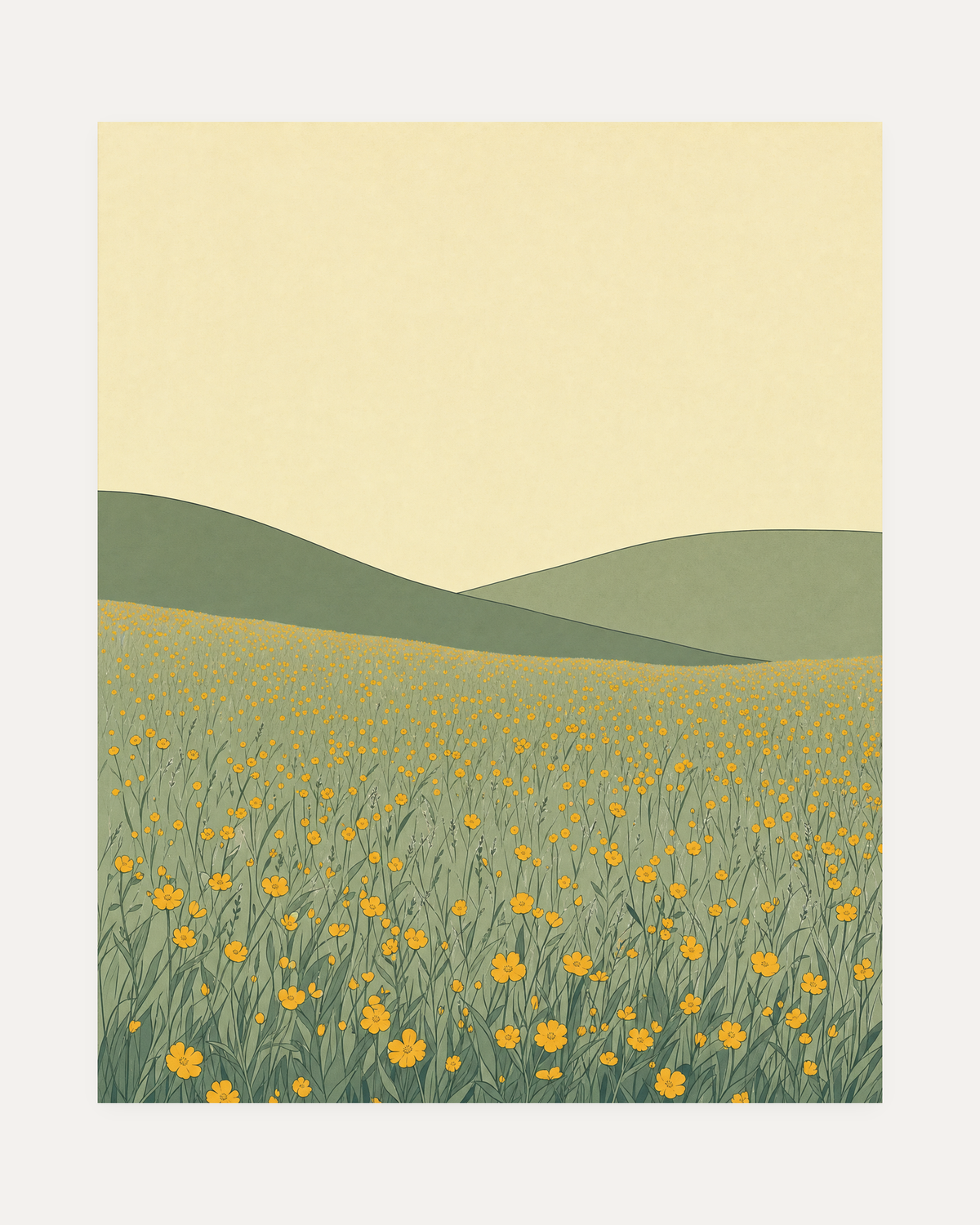 Wildflower Hour unframed wall art wildflowers print showing yellow flowers under green hills