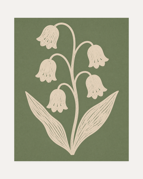 Bell Vine, cream bell vine wall art, cream bell flowers with sage leaves, fine stems, and a pale border