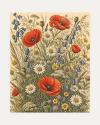 Poppy Noon, poppy bluebell meadow wall art, red poppies, bluebells, and white daisies on greenery