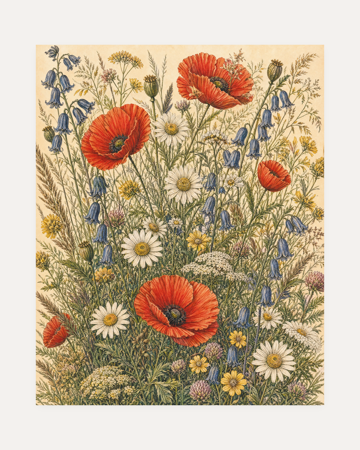 Poppy Noon, poppy bluebell meadow wall art, red poppies, bluebells, and white daisies on greenery
