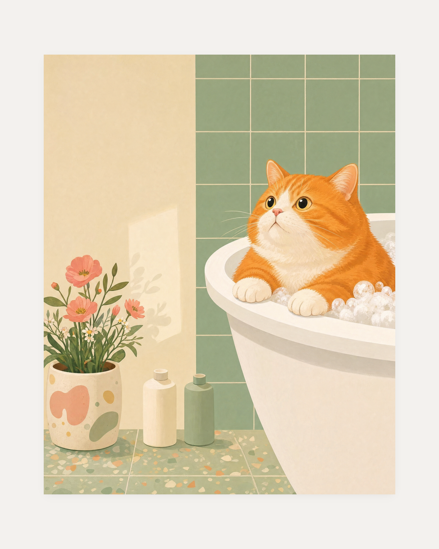 Orange Cat Tub unframed orange cat print showing orange cat, white tub, sage tiles, and pink flowers