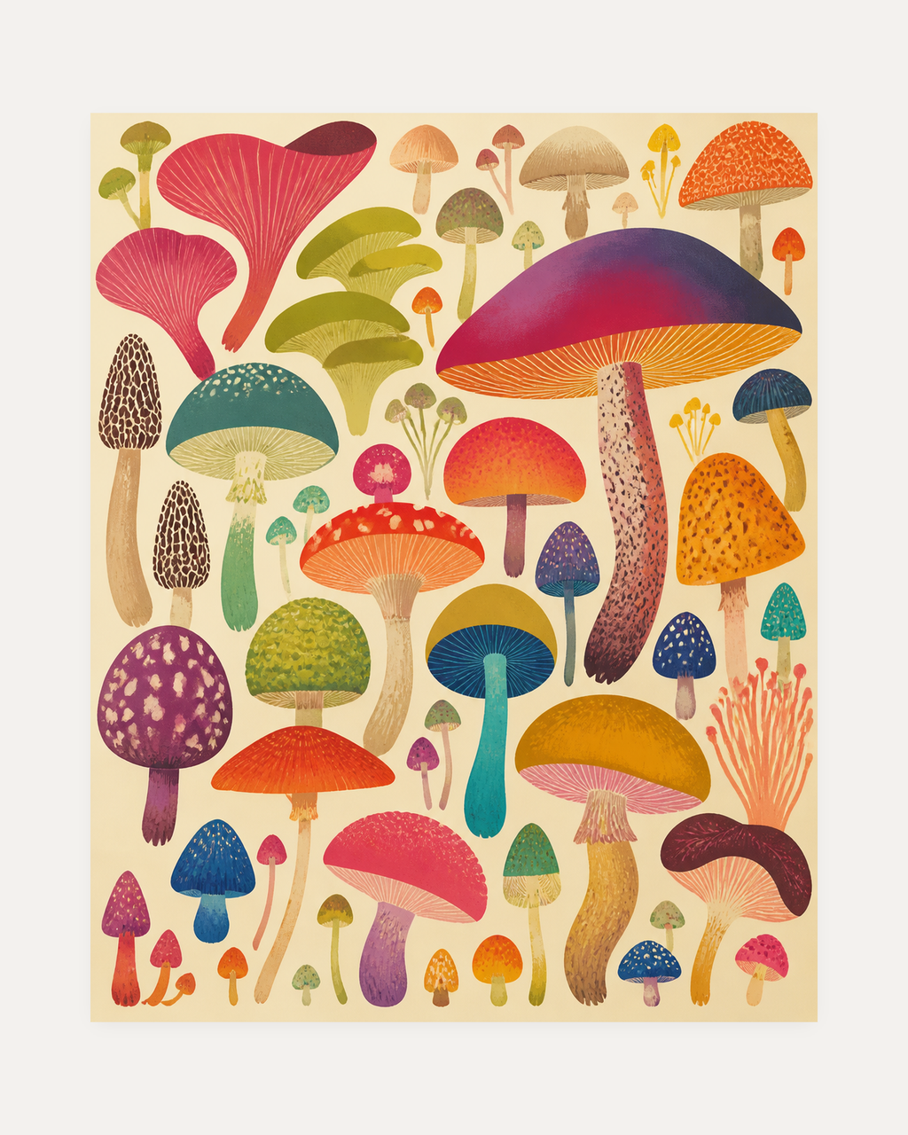 Mushroom Parade unframed botanical mushroom poster print showing many colored mushrooms and one large magenta cap on cream