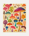Mushroom Parade unframed botanical mushroom poster print showing many colored mushrooms and one large magenta cap on cream