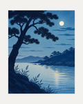 Night Pine unframed moon wall art print showing a pale moon over a dark pine and blue water