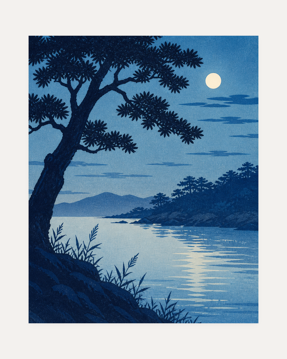 Night Pine unframed moon wall art print showing a pale moon over a dark pine and blue water