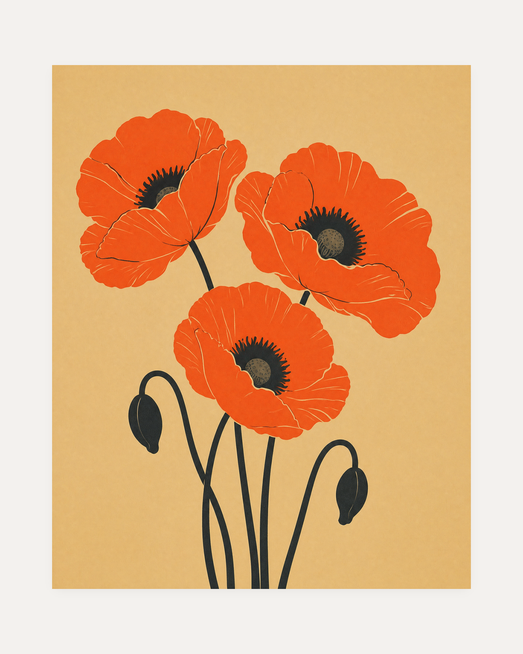 Bud Hooks, three orange poppies wall art, three orange flowers, thin stems, black hooked buds on beige