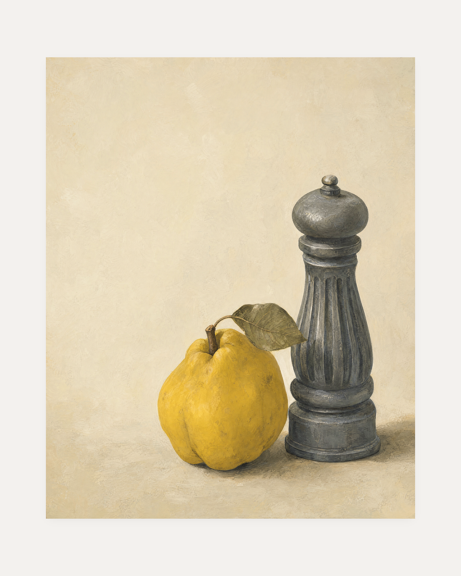 Pewter Mill Quince unframed quince print showing yellow quince, pewter mill, cream paper