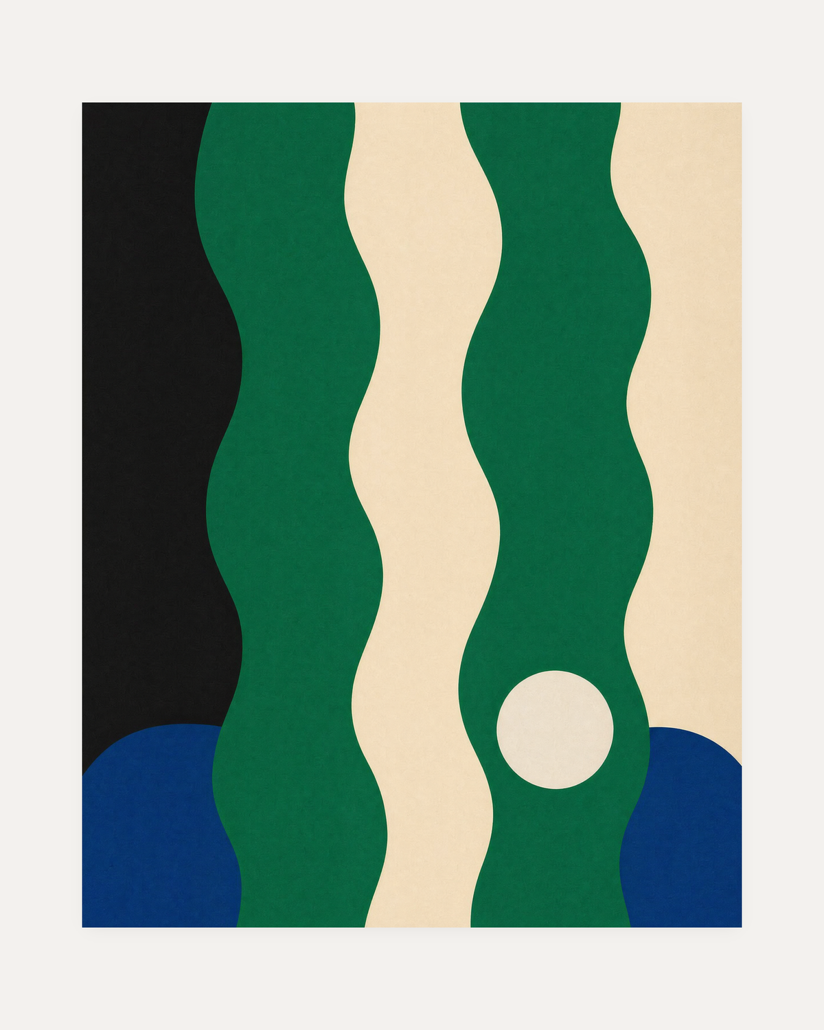Ribbon Pause green wave ribbon wall art with curved green bands, blue pockets, and a white disc on cream ground