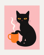 Coffee Cat unframed cat art prints print showing a black cat with a paw on an orange mug