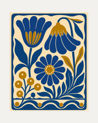 Gold Daisy unframed vintage floral art print showing cobalt flowers and gold berries inside a cream border