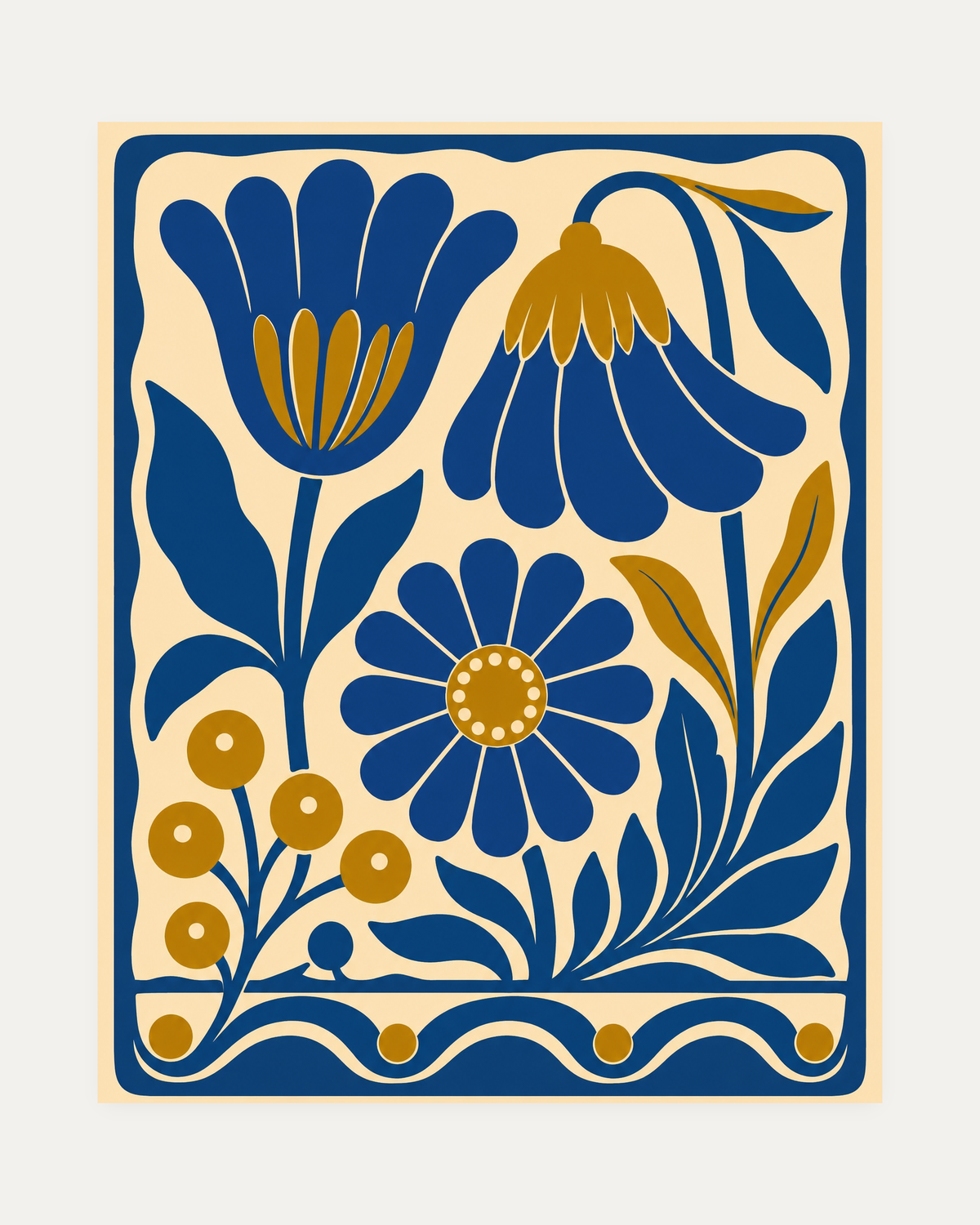 Gold Daisy unframed vintage floral art print showing cobalt flowers and gold berries inside a cream border