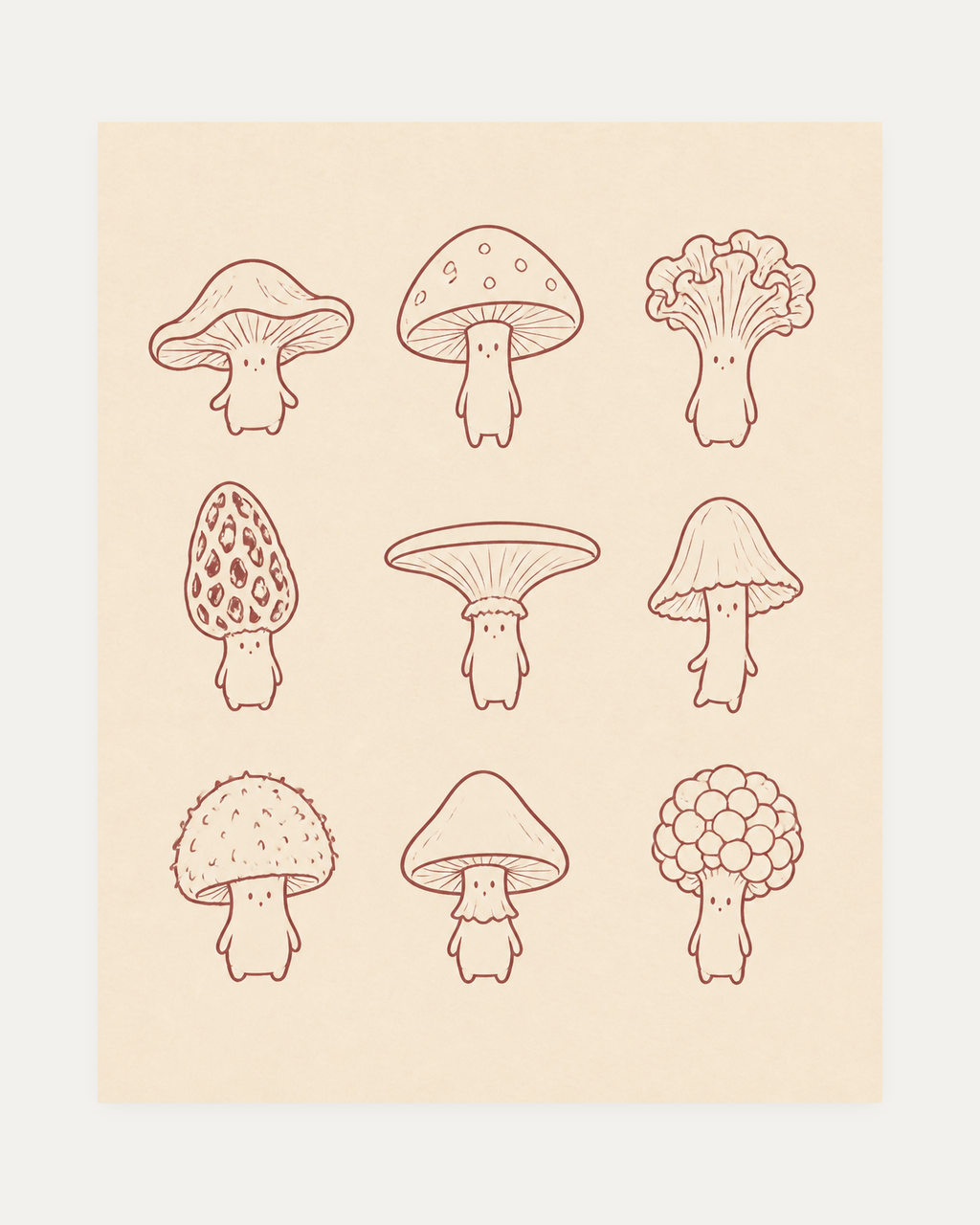 Mushroom Character Sheet, mushroom art print, nine terracotta mushroom characters on cream with small faces