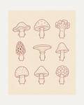 Mushroom Character Sheet, mushroom art print, nine terracotta mushroom characters on cream with small faces